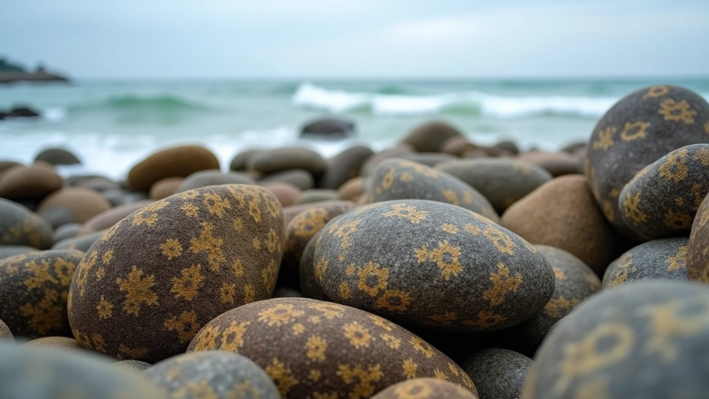 Close-up view of coastal rocks covered with barnacles and seaweed, with waves in soft focus background