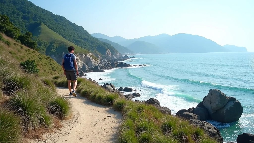Coastal path with rocky shoreline, waves meeting rocks, distant hills, peaceful seaside hiking route
