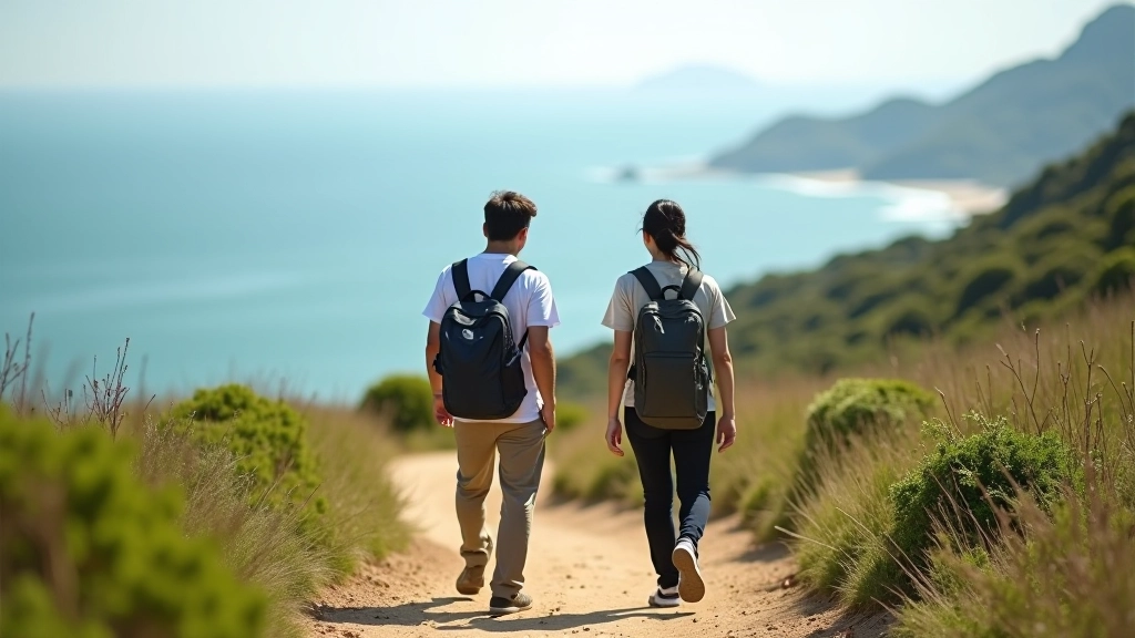 Group of people walking together on a scenic coastal trail in Hong Kong with ocean views