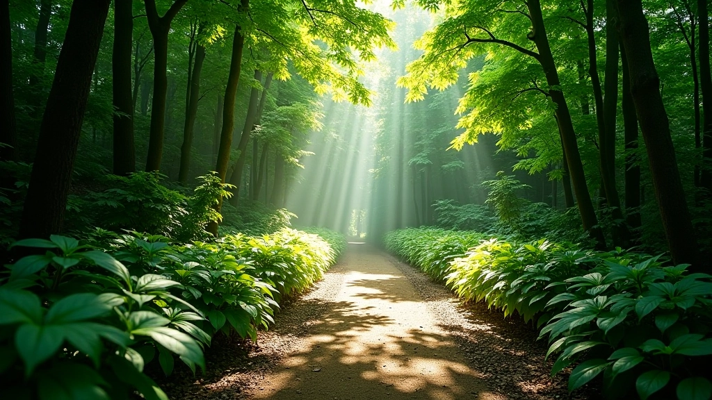 Forest path with sunlight dappled through tree canopy, shadows creating patterns on the ground