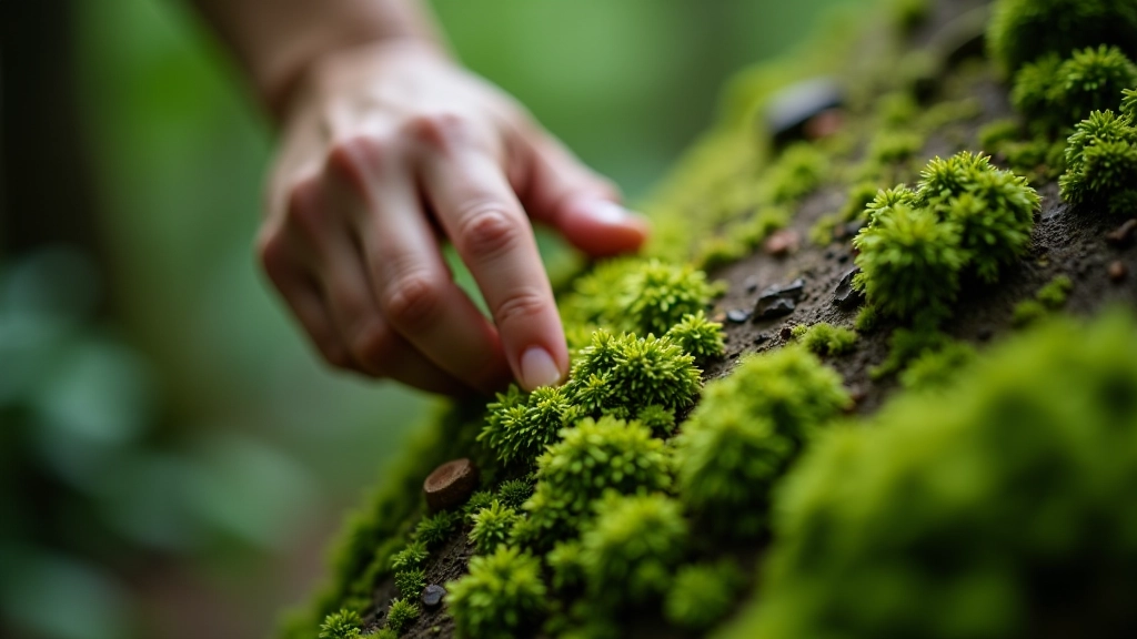 Close-up of person's hands touching moss-covered tree bark on forest path during daylight