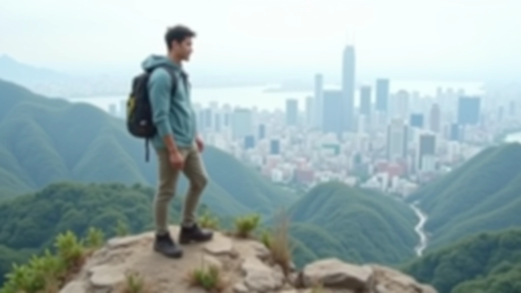 Urban hiker standing on rocky summit with city skyline visible in distant background below, mountain wilderness in foreground