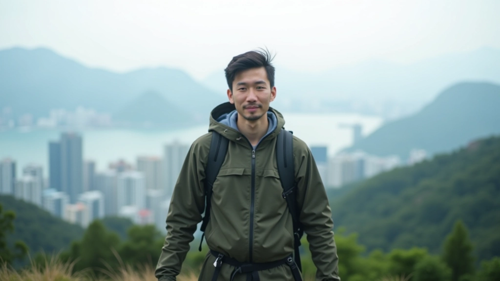 Hiker standing on mountain ridge overlooking Hong Kong harbor and islands at sunrise with mist between peaks