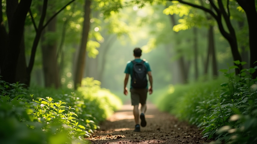 Person walking on shaded forest trail in Hong Kong, dappled sunlight filtering through trees, peaceful expression, natural outdoor setting
