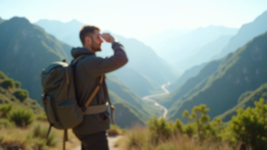 Hiker pausing on mountain trail, looking at valley landscape with hand shading eyes from sun