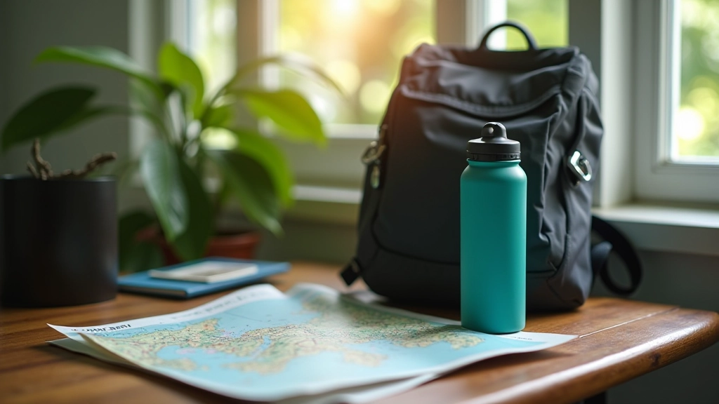 Hiker's backpack with water bottle and map laid out on wooden table, morning light, organized packing scene