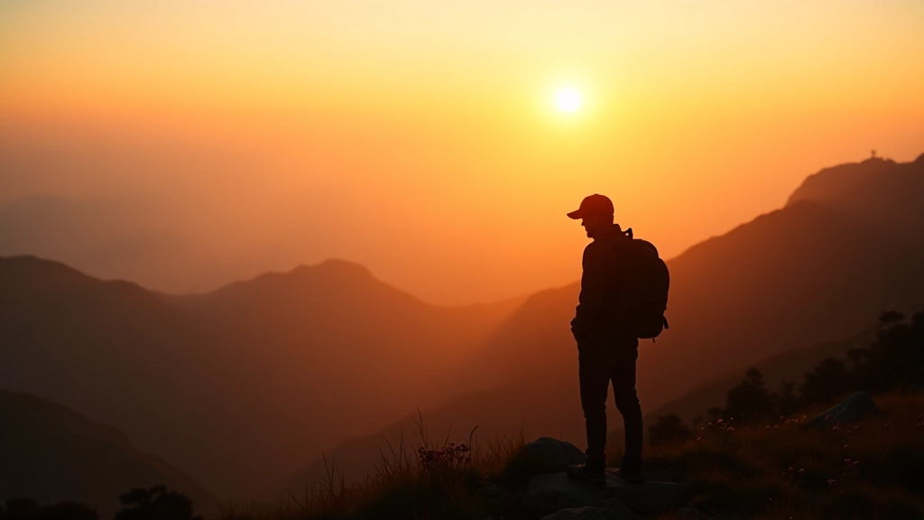 Sunset over Hong Kong countryside with hiker silhouette on ridge, golden light, peaceful mountain landscape