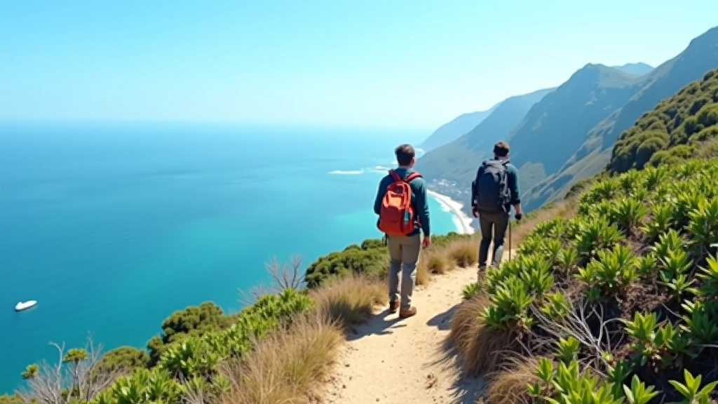 Hikers walking along ridge trail with expansive ocean views and coastal landscape under clear blue sky