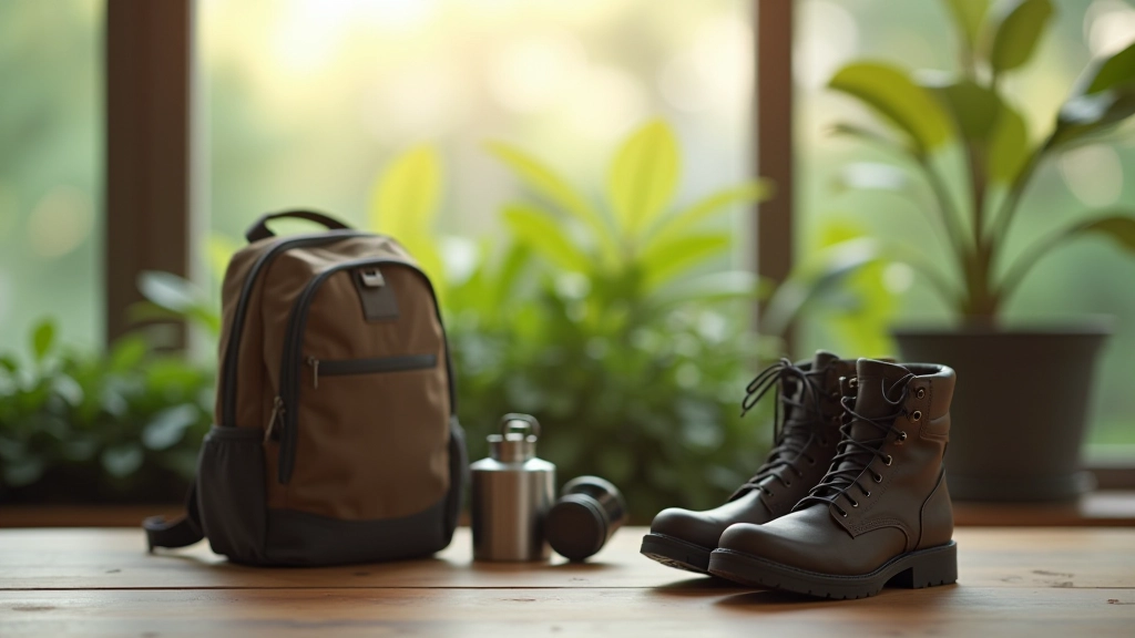 Hiking backpack with water bottle and hiking boots on wooden table, morning light from window, preparation scene
