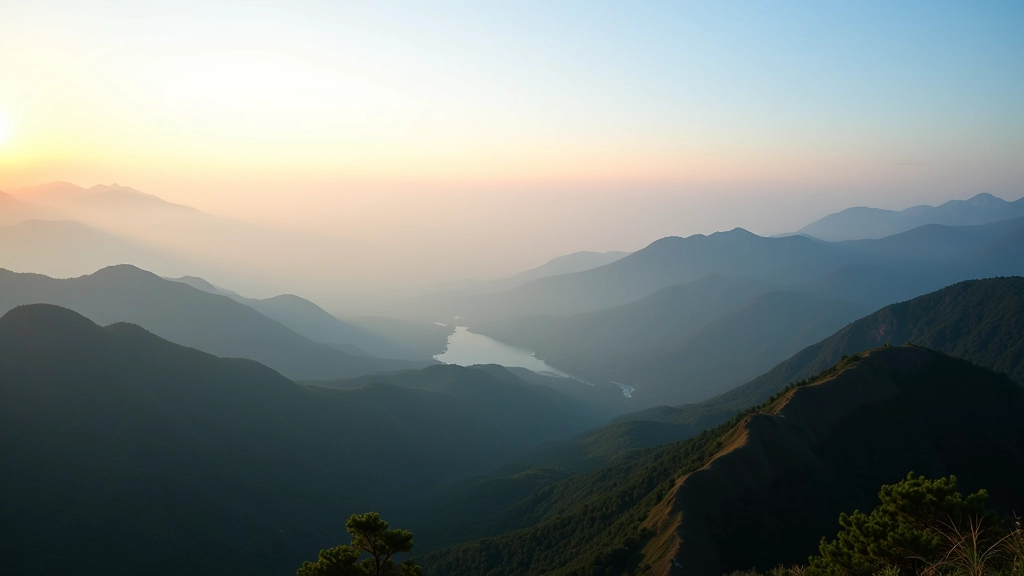Mountain ridge landscape at sunrise with mist in valleys, golden light across distant peaks