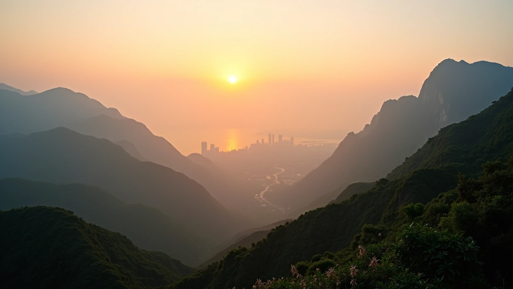 Mountain hiker standing on ridge overlooking misty Hong Kong harbor at sunrise with dramatic coastal landscape