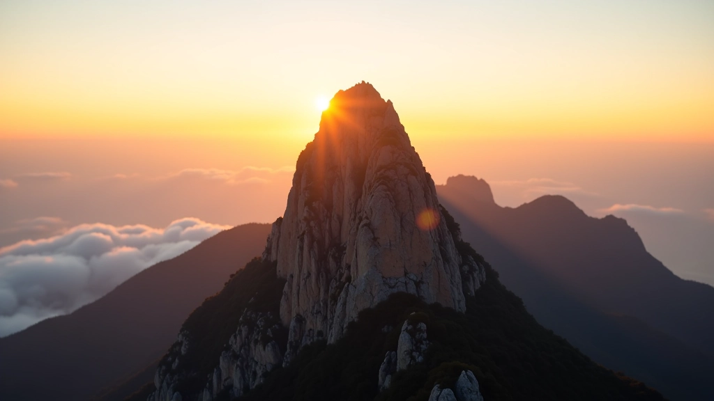 Mountain peak at sunset with golden light illuminating rocky terrain, clouds below the summit, expansive valley landscape