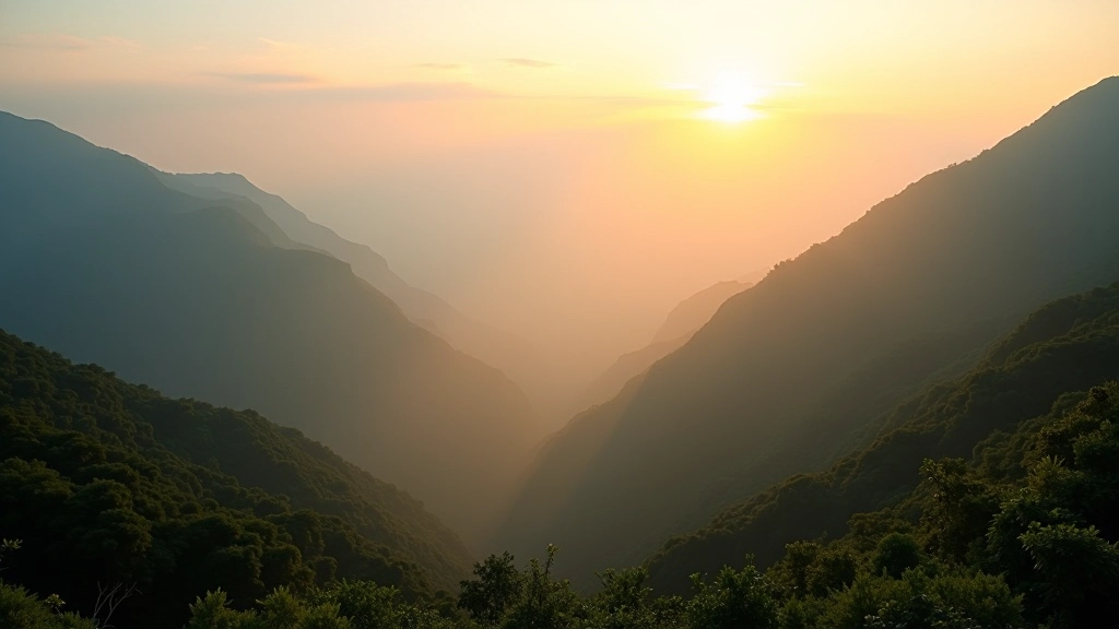 Mountain valley view at sunrise with mist and early light, serene natural landscape, Hong Kong countryside