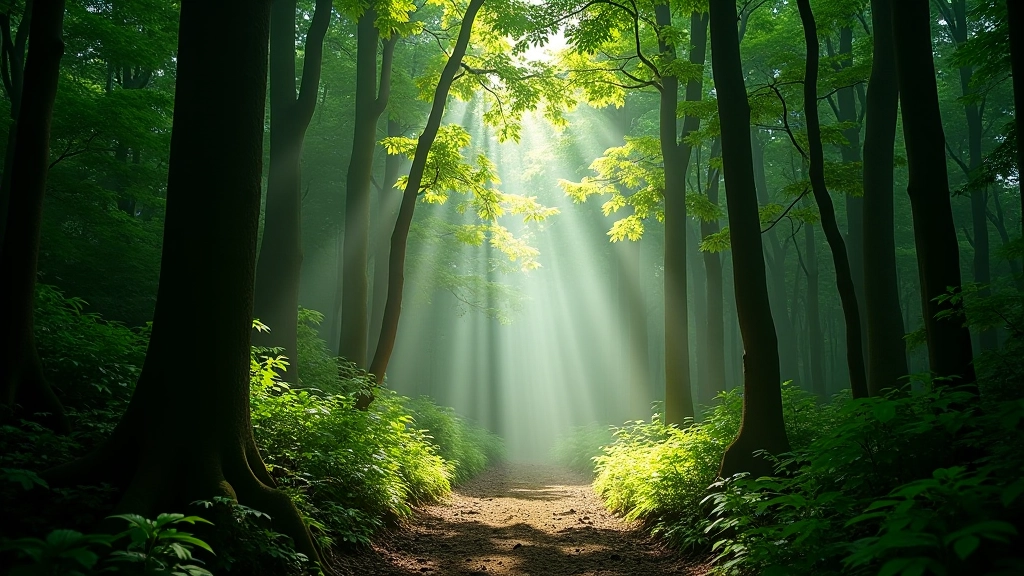 Forest path lined with tall trees creating natural canopy, dappled sunlight filtering through leaves, serene woodland atmosphere