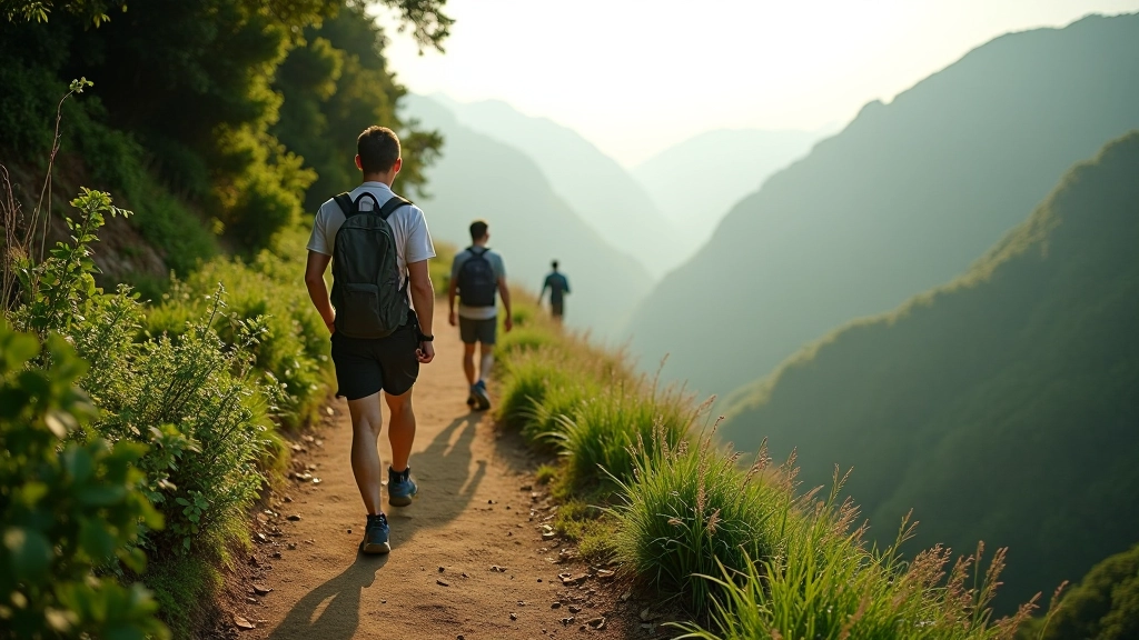 Group of people hiking on a scenic mountain trail in Hong Kong with lush vegetation and morning light