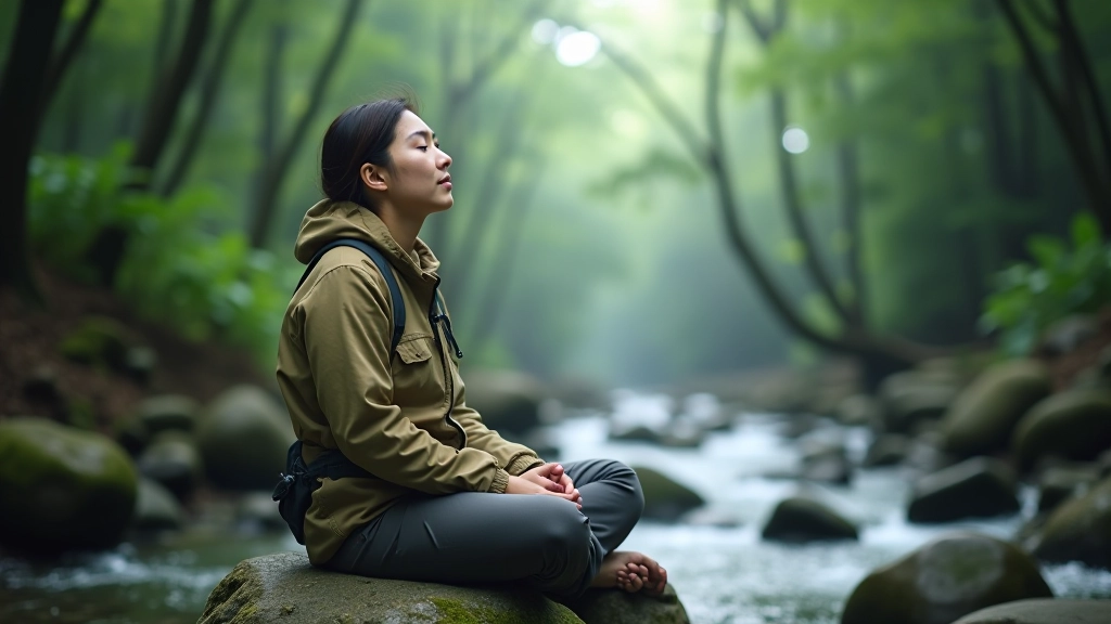 Person meditating by forest stream, morning mist, peaceful natural setting with flowing water