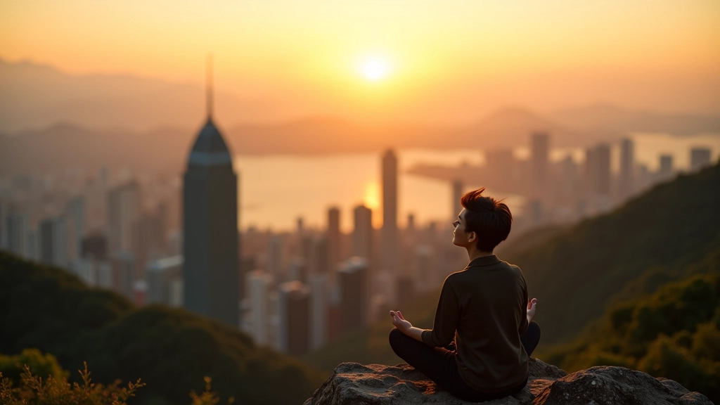 Person sitting peacefully on a mountain overlook at sunrise, overlooking Hong Kong landscape with calm expression