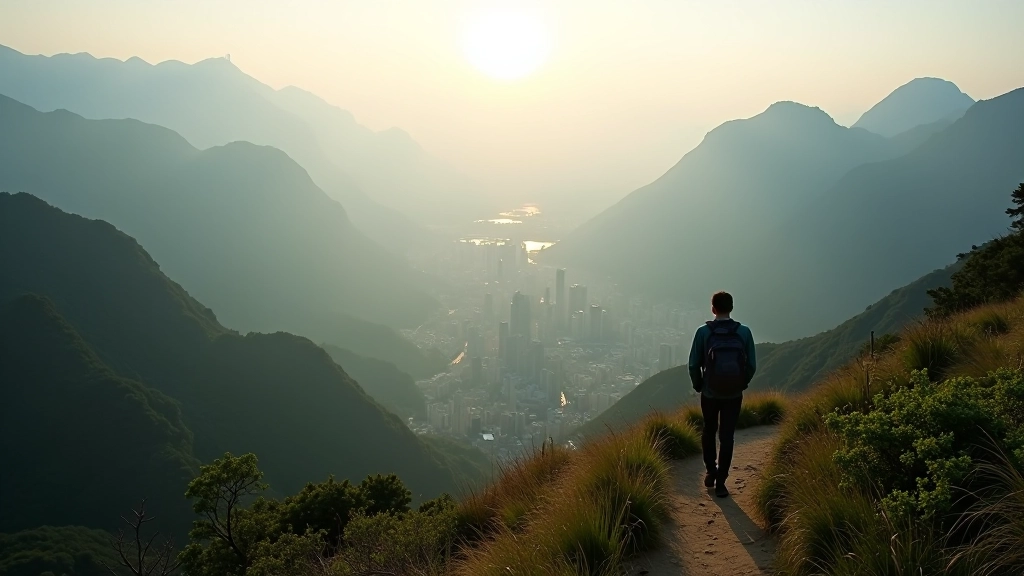 Mountain trail overlooking Hong Kong landscape at sunrise