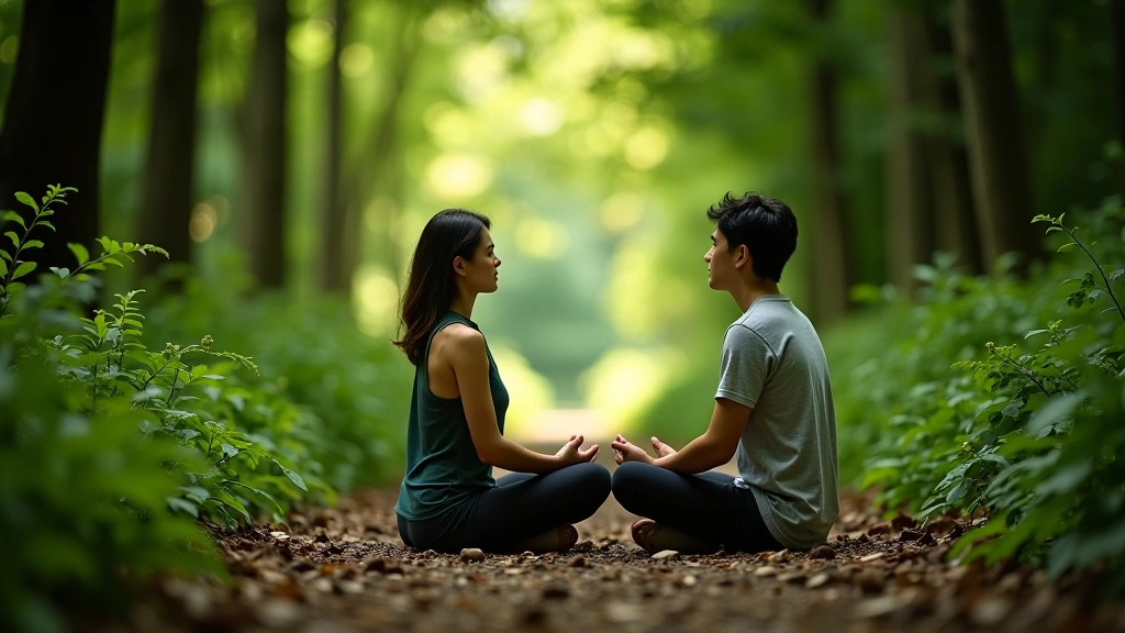 Group of people meditating together on a peaceful forest path